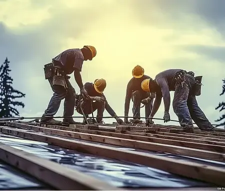Roofing team installing a new roof, with four workers in hard hats securing materials and framing on a residential rooftop in lafayette la.