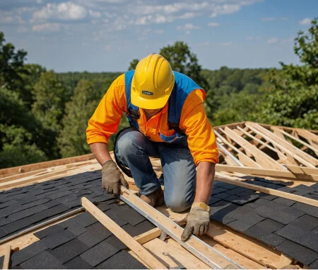 Roofing contractor wearing a hard hat installing asphalt shingles on a residential roof while measuring and securing roofing materials