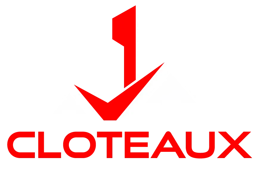 Cloteaux Roofing & Construction logo featuring a red stylized roof and upward arrow over house silhouettes, with bold red company name and gray background