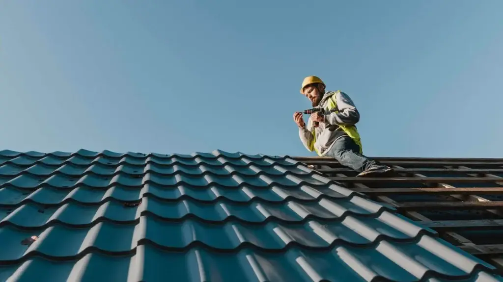 Roofing contractor wearing a hard hat and safety vest installing standing seam metal roofing panels on a residential roof